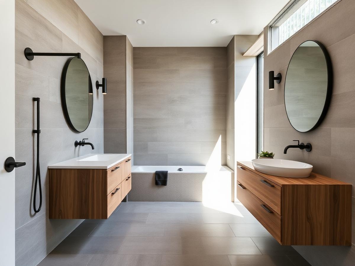 Modernisiertes Badezimmer mit großformatigen Fliesen und Holzwaschtisch