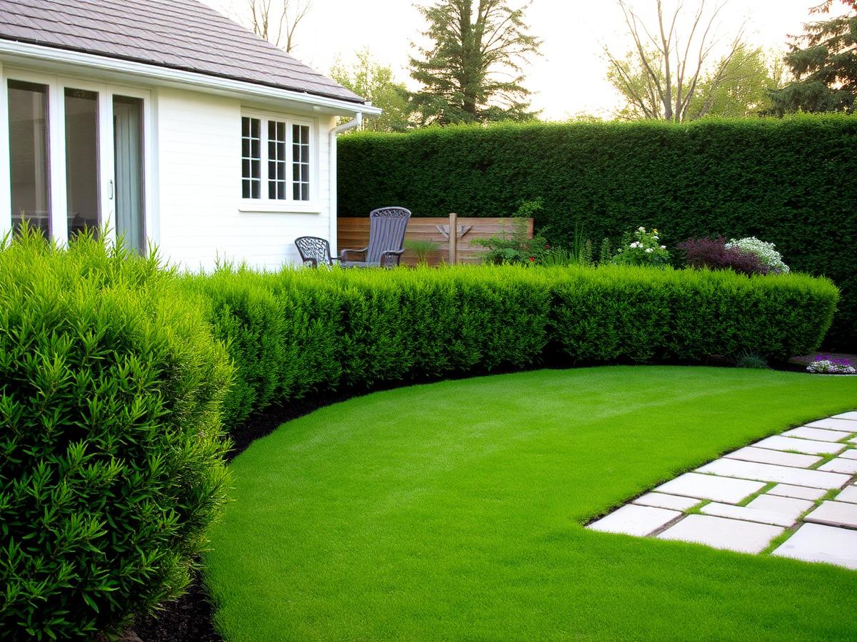 Gepflegter Garten mit frisch geschnittenem Rasen und Hecke