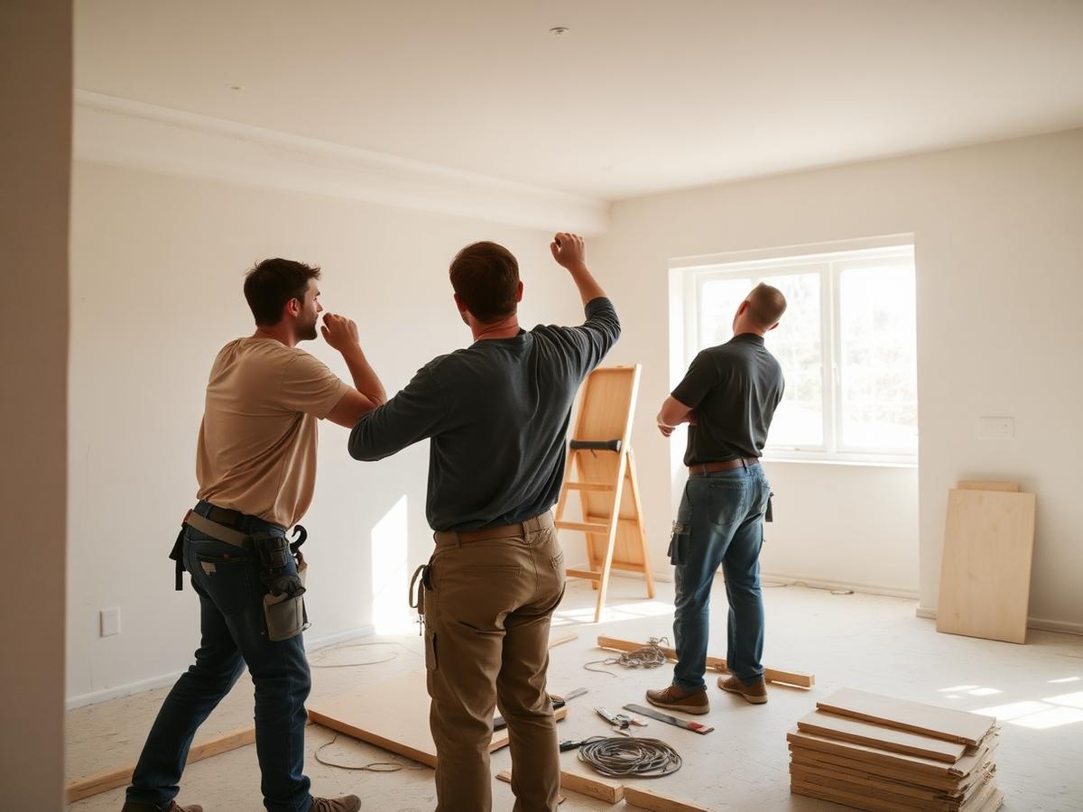 Handwerker beim Trockenbau in einem hellen Innenraum